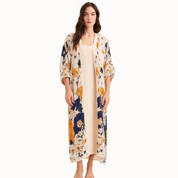 Free People Tops - FREE PEOPLE Hidden Hills Maxi Duster Kimono Cardigan Floral Ivory